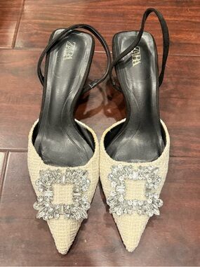 ZARA Cream Jeweled Pointed Toe Slingback Mules